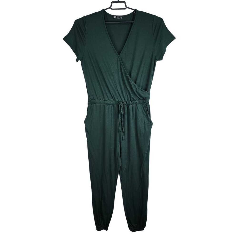 Womens Green Pretty Garden Drawstring Waist Jumpsuit V Neck Faux Wrap Size XL